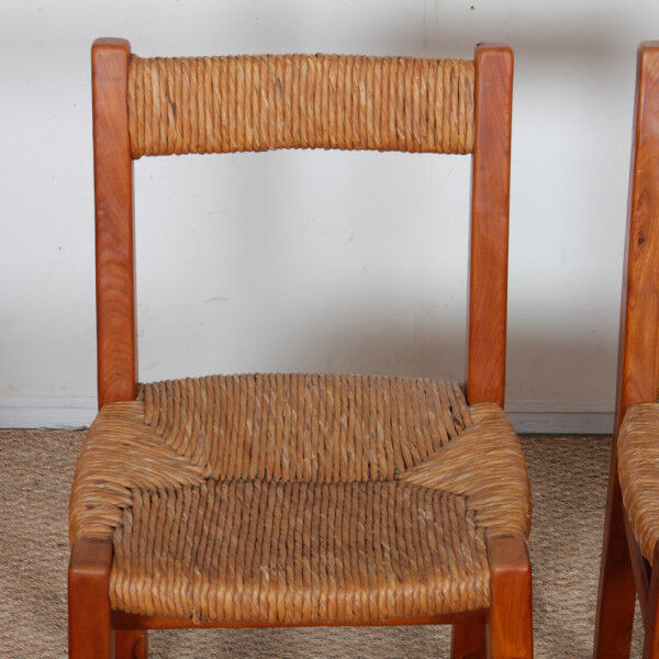 Suite de 6 chaises paillées en orme massif, travail français, 1950