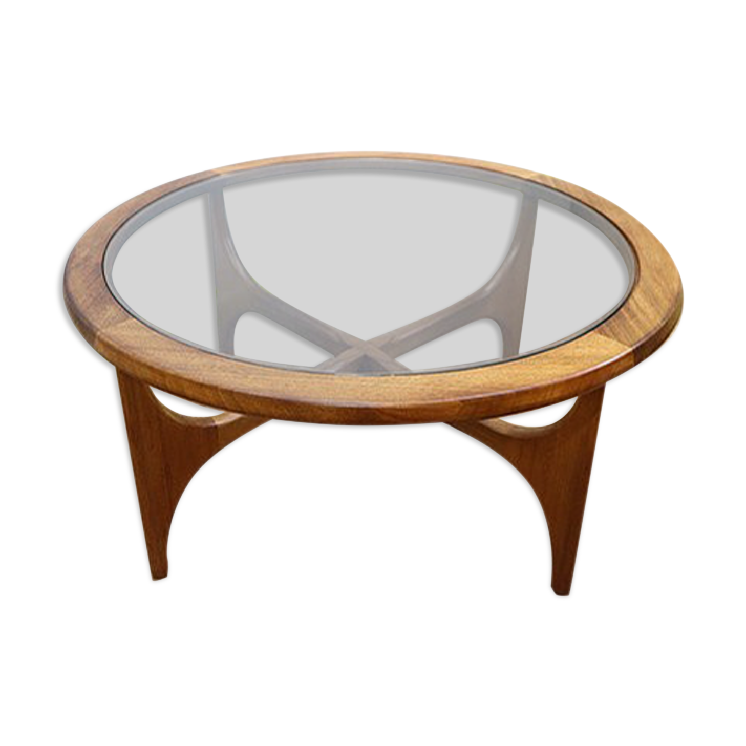 Midcentury round coffee table in teak and glass by Stonehill Selency
