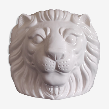 Cache-pot lion en céramique craquelée blanche