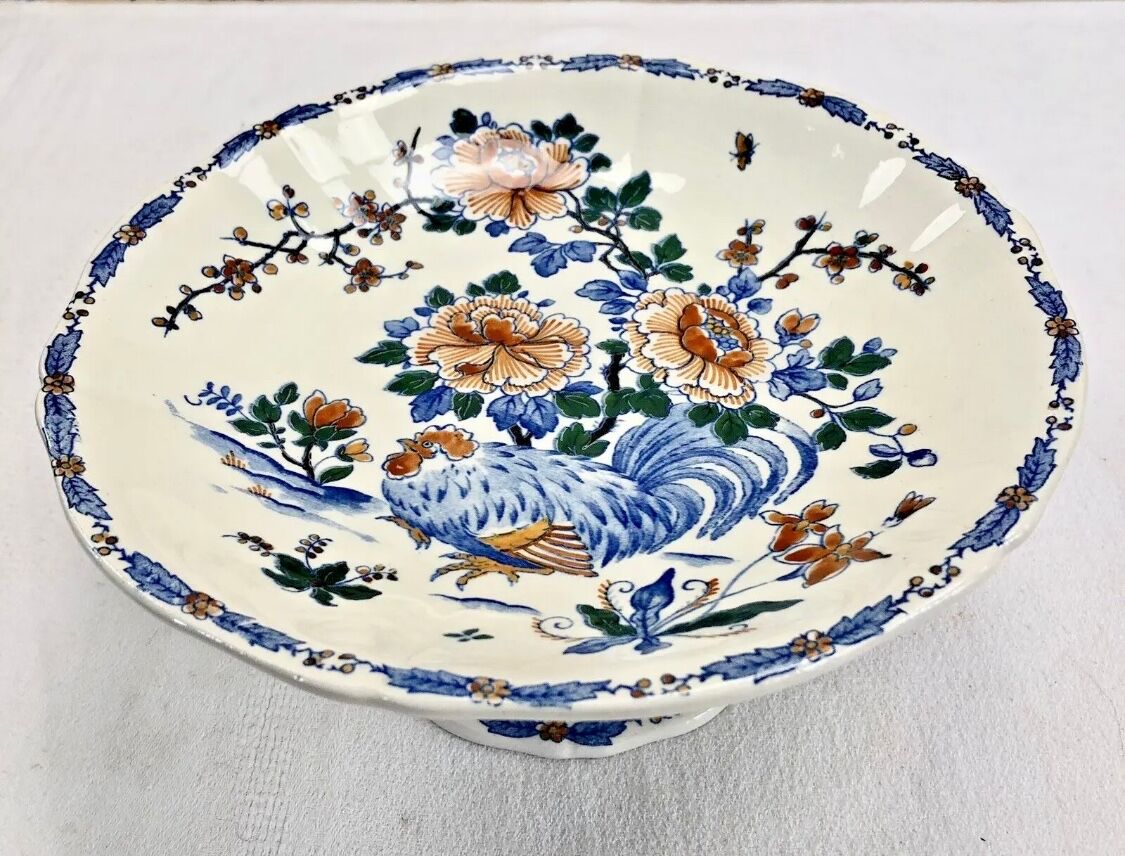 Compotier fruit cutters on pedestal Gien rooster and peonies 1938 1960