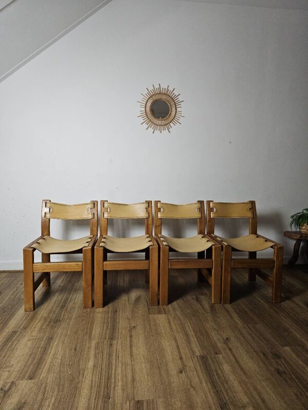 Chaises en Orme Massif et cuir crème, Maison Regain , années 60