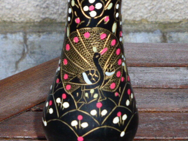 Metal brass, painted and carved vase, with a Peacock, vintage