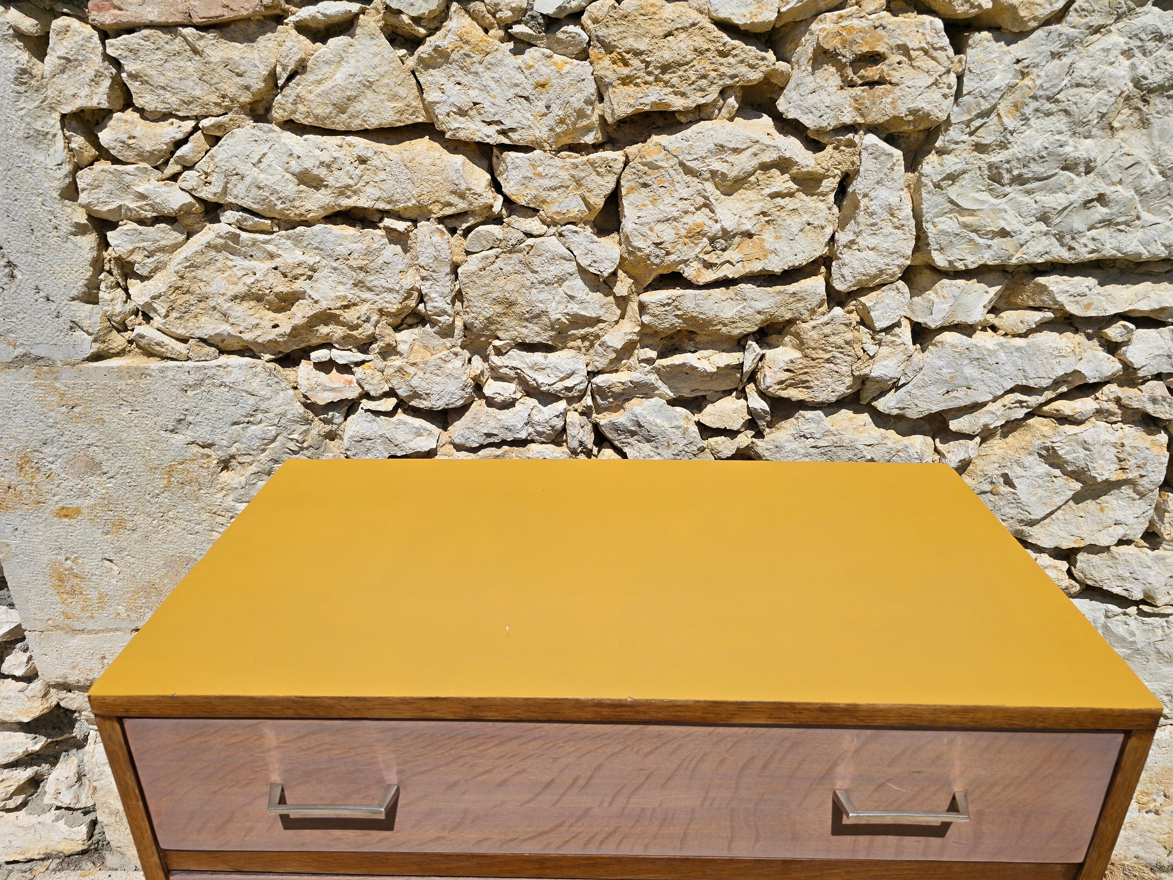 Vintage commode with 4 drawers restored – Wood veneer & soft yellow top