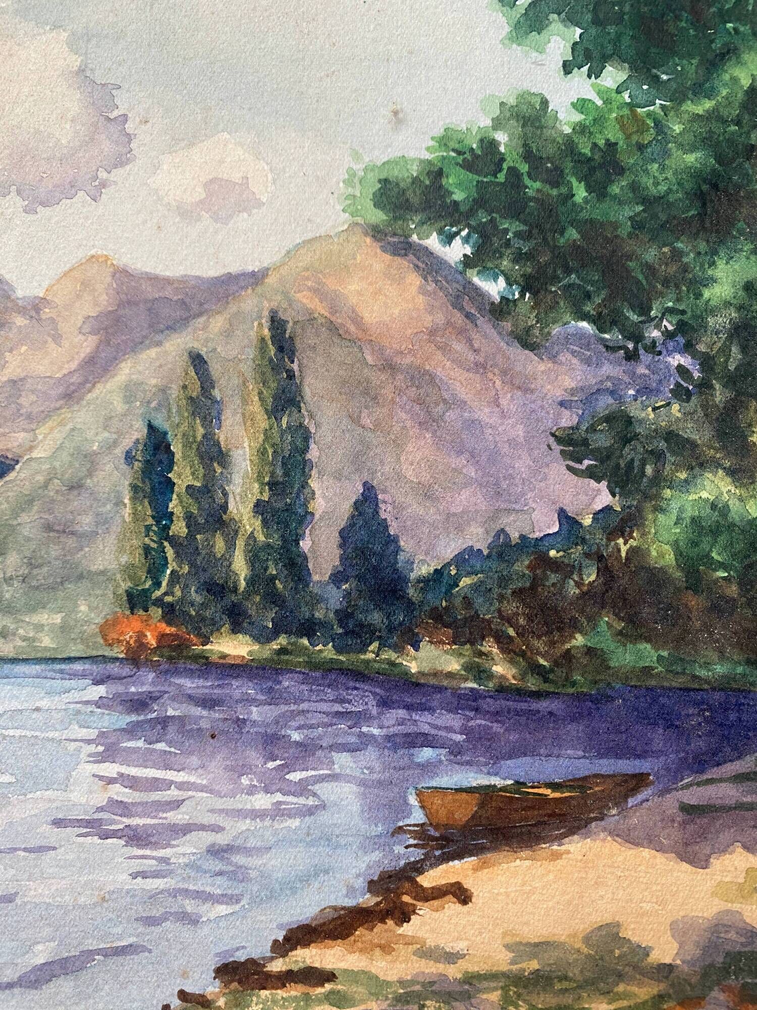 Watercolor painting "Lake and Mountain" signed E. Guette early 20th century