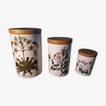 Ceramic jars, floral motif, herbalism, botanics