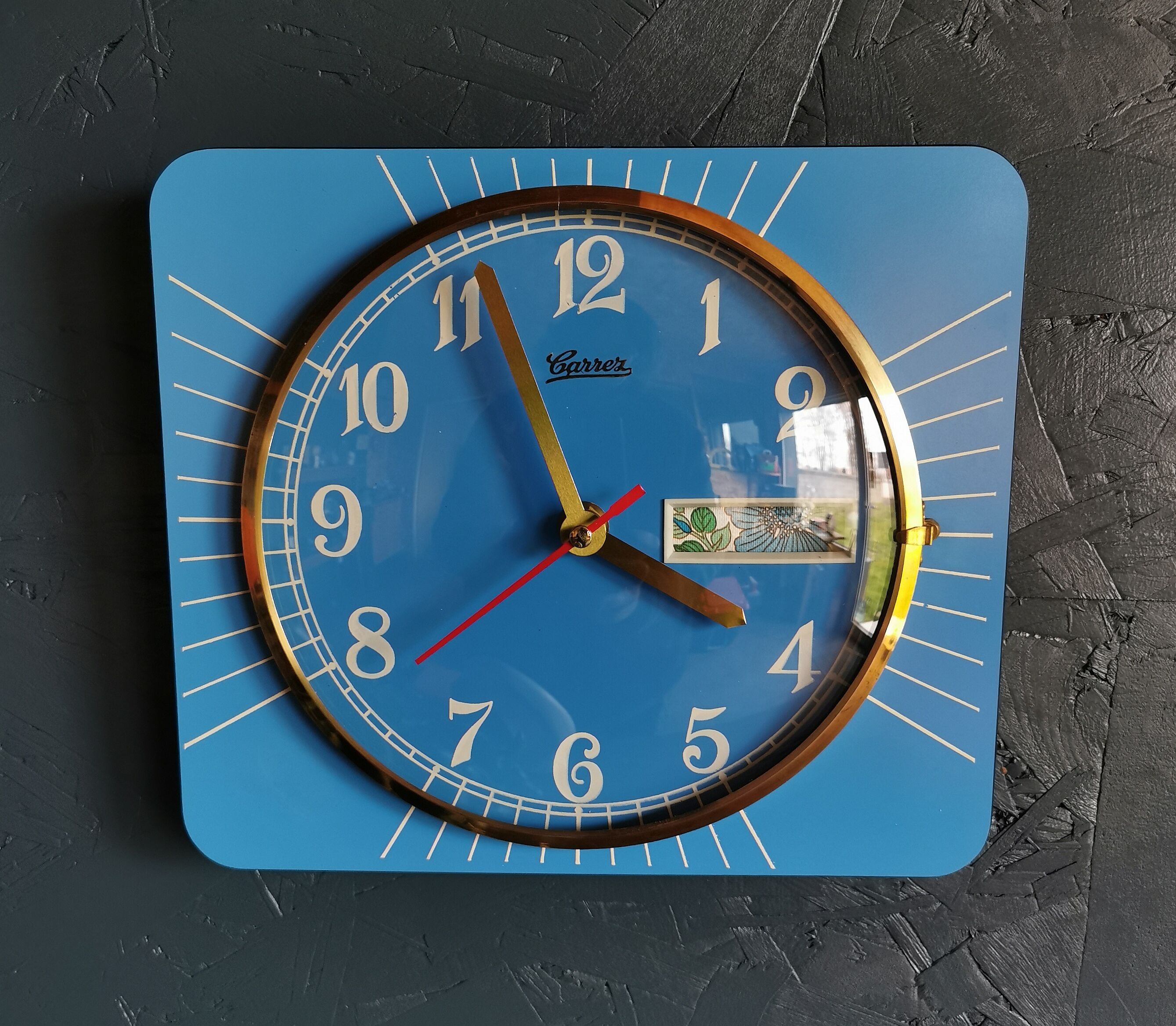 Vintage formica clock rectangular silent wall clock "Carrez blue"