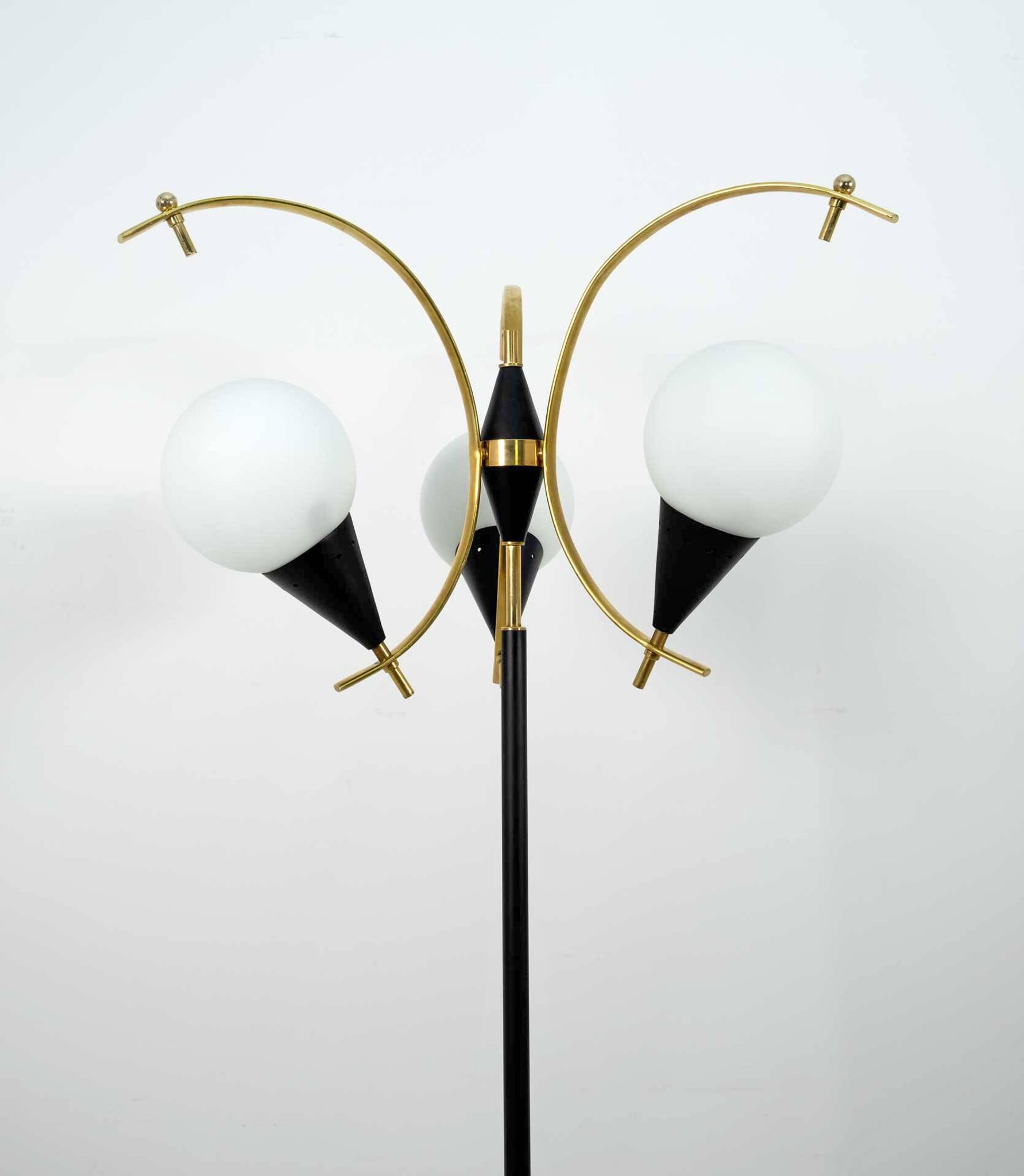 Stilnovo Mid-Century Modern Italian Brass and Opaline Glass Floor Lamp, 50