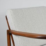 Fauteuil bouclé original Baczyk, restauré, blanc, teck