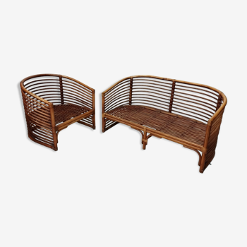 Bench and its bamboo and rattan armchair