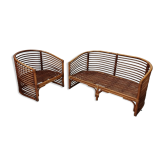 Bench and its bamboo and rattan armchair