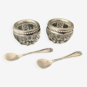 2 salt pots and its 2 spoons Solid silver Minerva hallmark