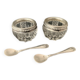 2 salt pots and its 2 spoons Solid silver Minerva hallmark