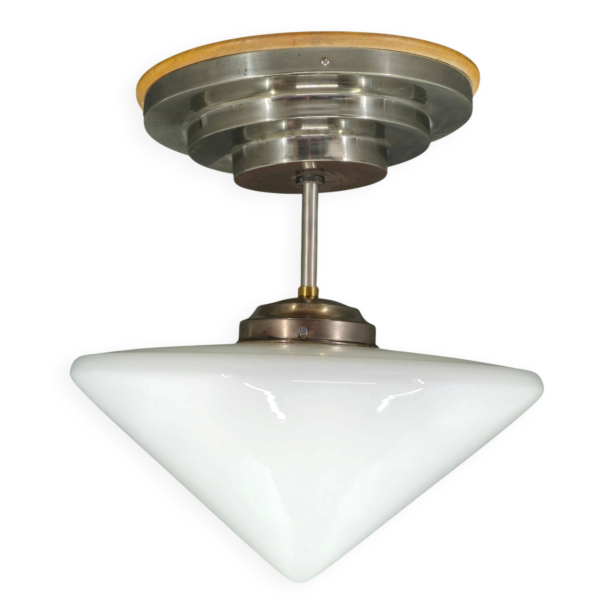 Czech Art Deco Opaline Glass Flush Mount Ceiling Light 1930s