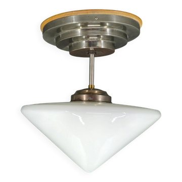 Czech Art Deco Opaline Glass Flush Mount Ceiling Light 1930s
