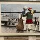 Old Color Print Sailor Children On The Naval Port + Green Wood Frame #B540