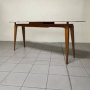 Console from the 1950s with a pink marble top and a cherry wood frame.