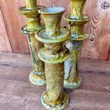 Trio of Tamegroute candlestick holders in enamelled ceramic.