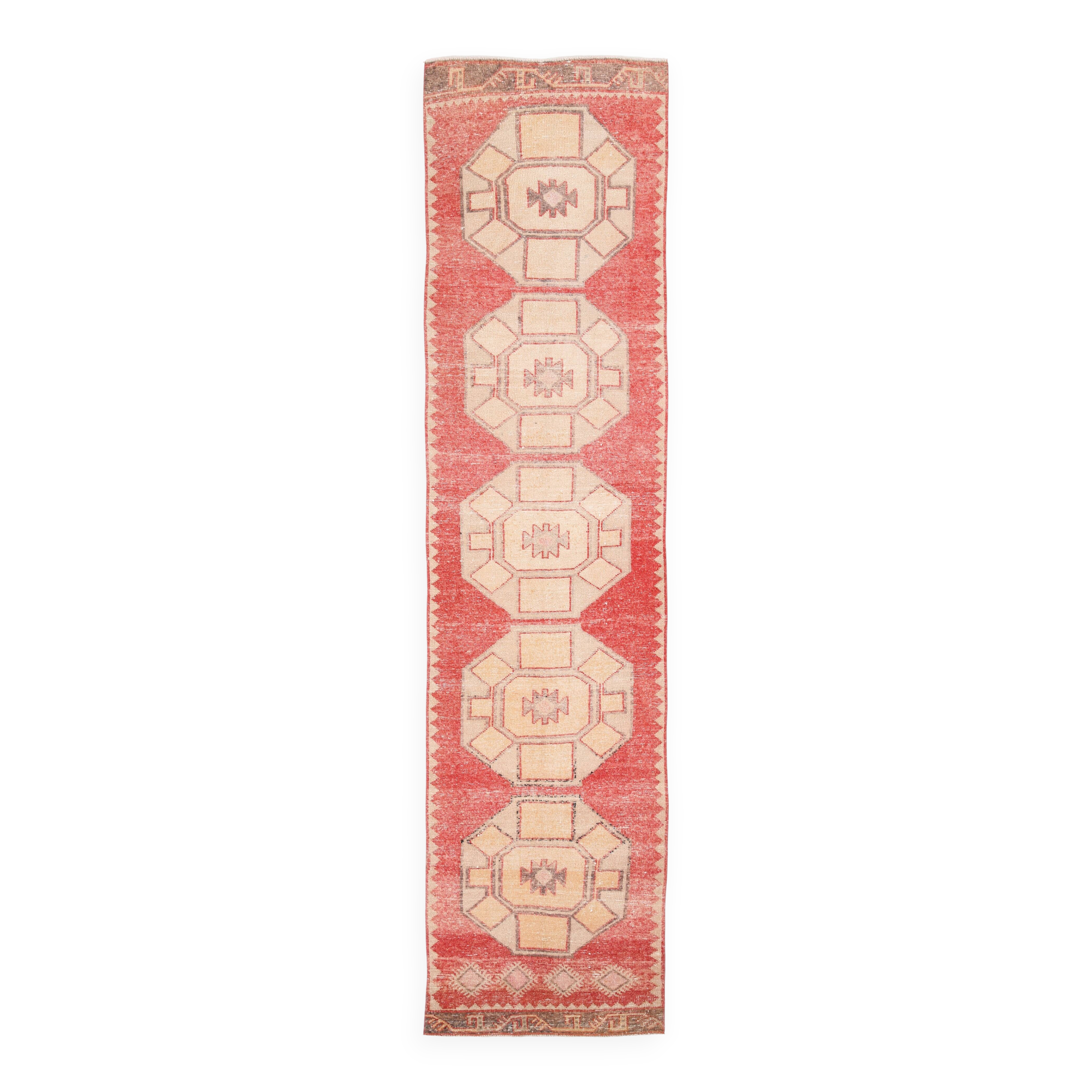 Turkish Red & Cream Oriental Vintage Runner Ruıg, 87x379Cm