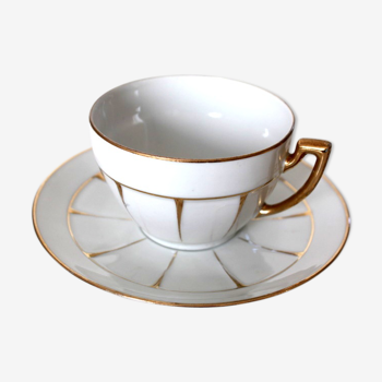 Cup & Saucer faceted white and gold earthenware