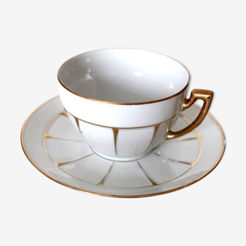 Tasse & soucoupe facettes faïence blanche et or