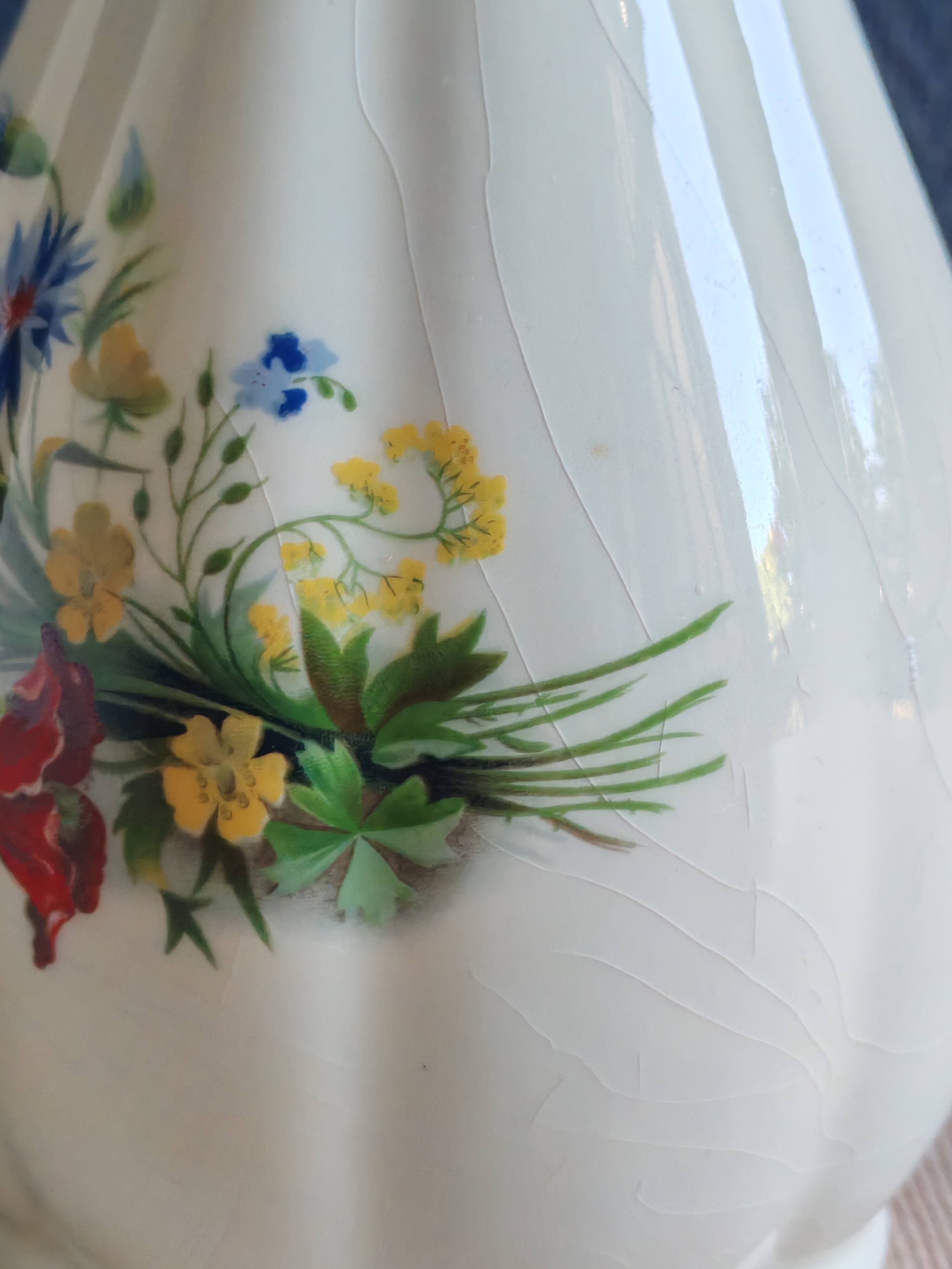 Vintage White Broken Ceramic Vase with Floral Pattern, Ribbed Vase