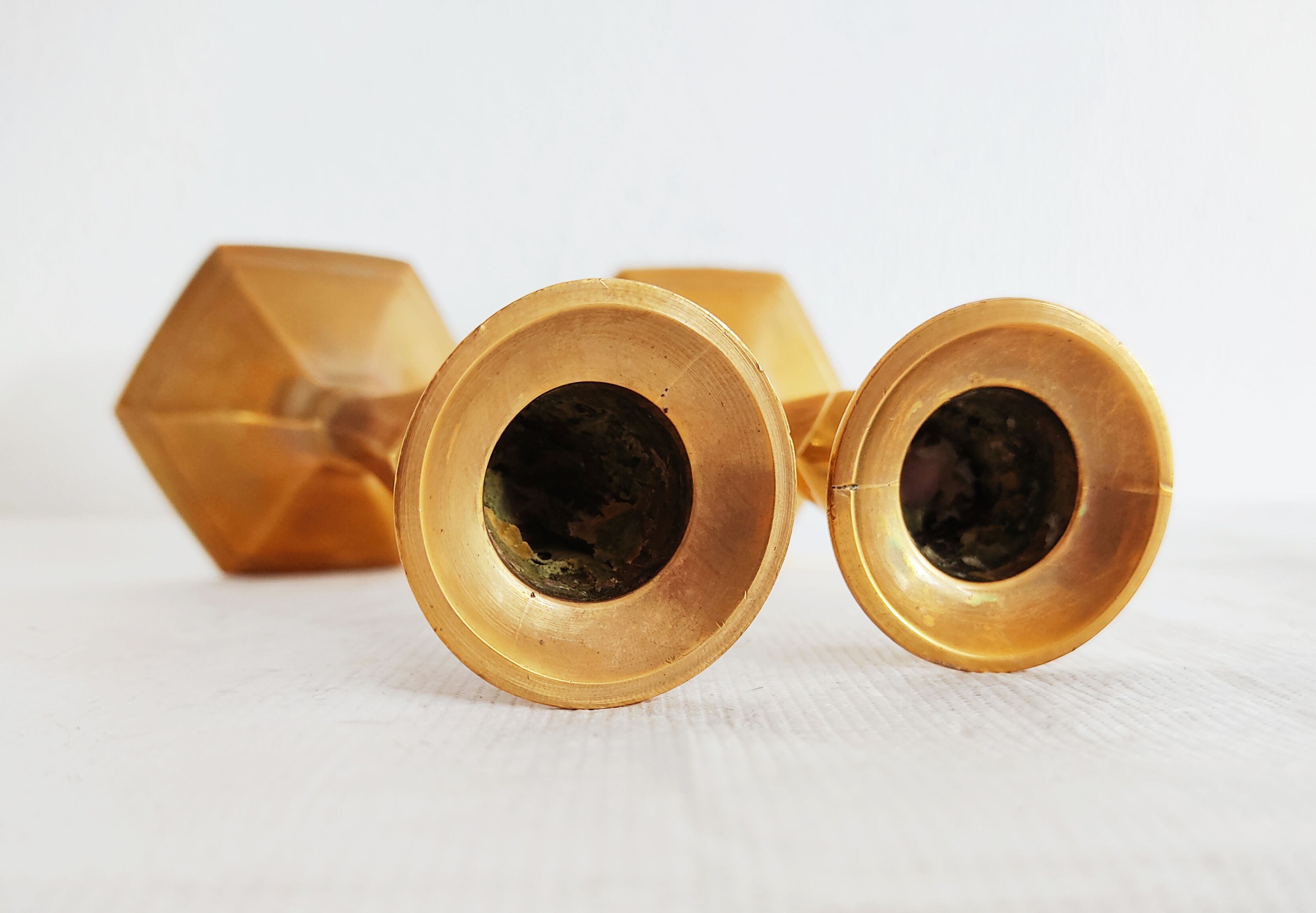 Pair of small golden brass candlesticks