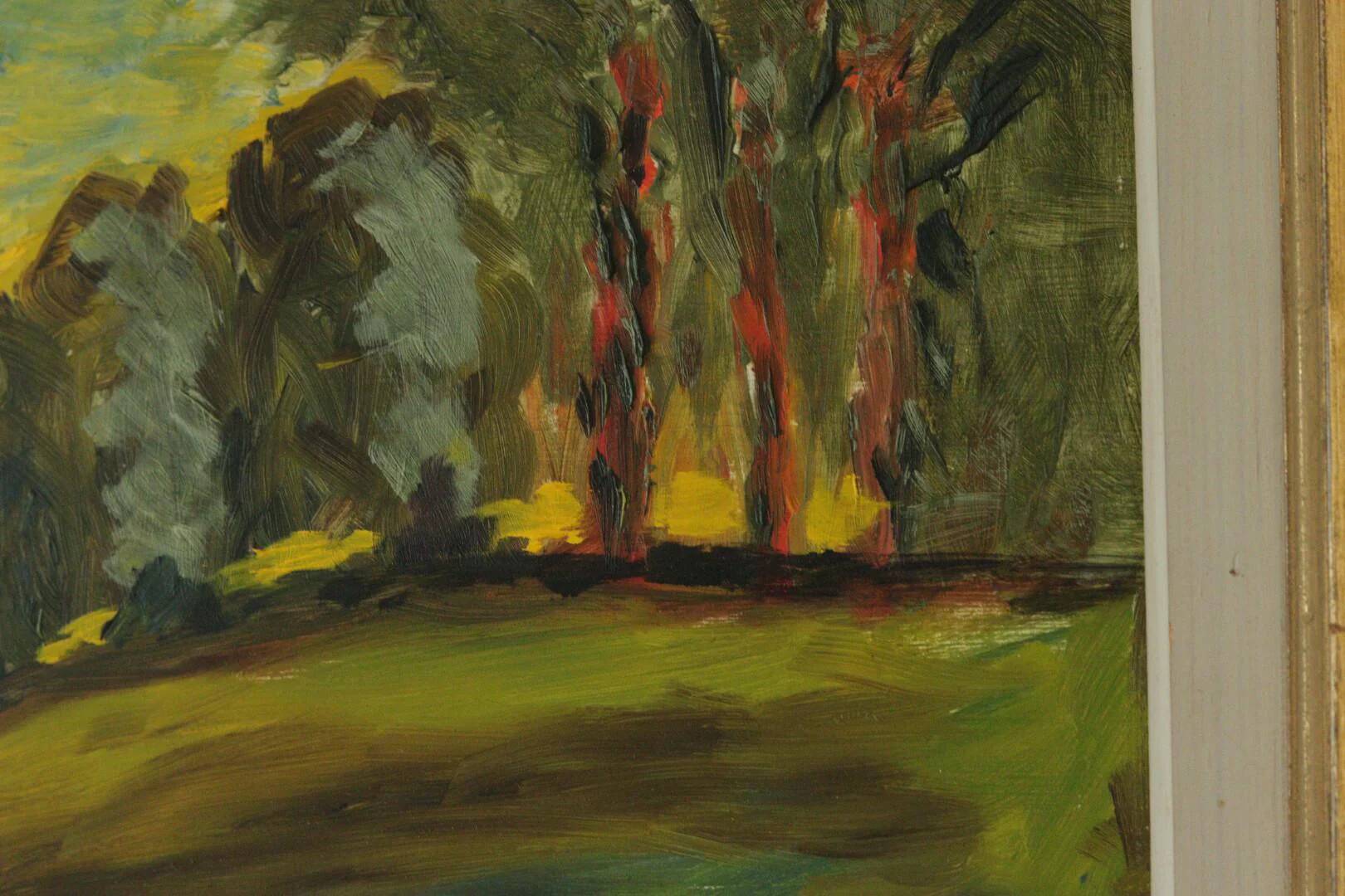 Huile sur panneau suédoise, "Lever de soleil dans un paysage de parc" par Gustaf Forsberg