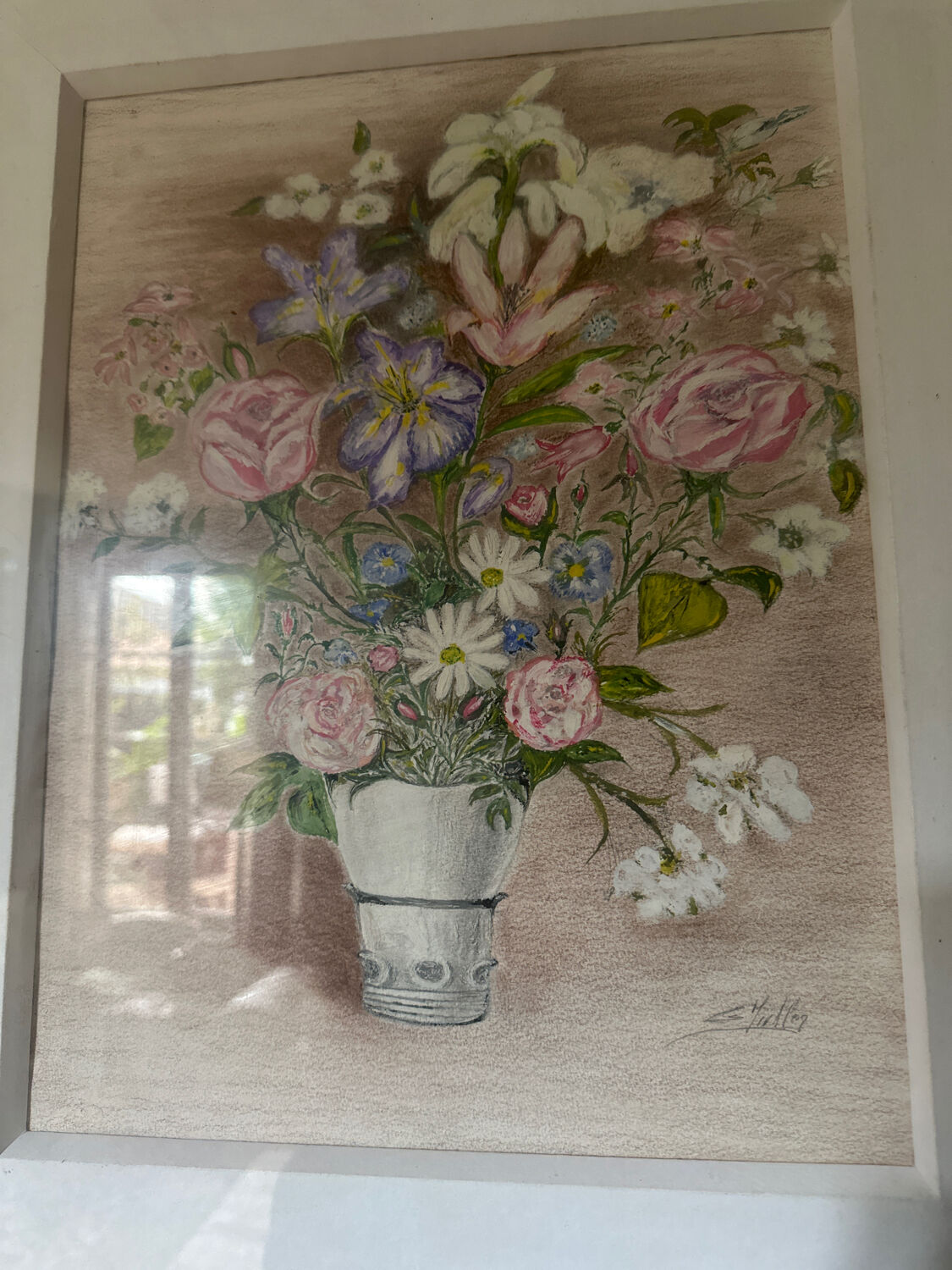 Pastel drawing "Garden Flower Bouquet" – White frame under glass