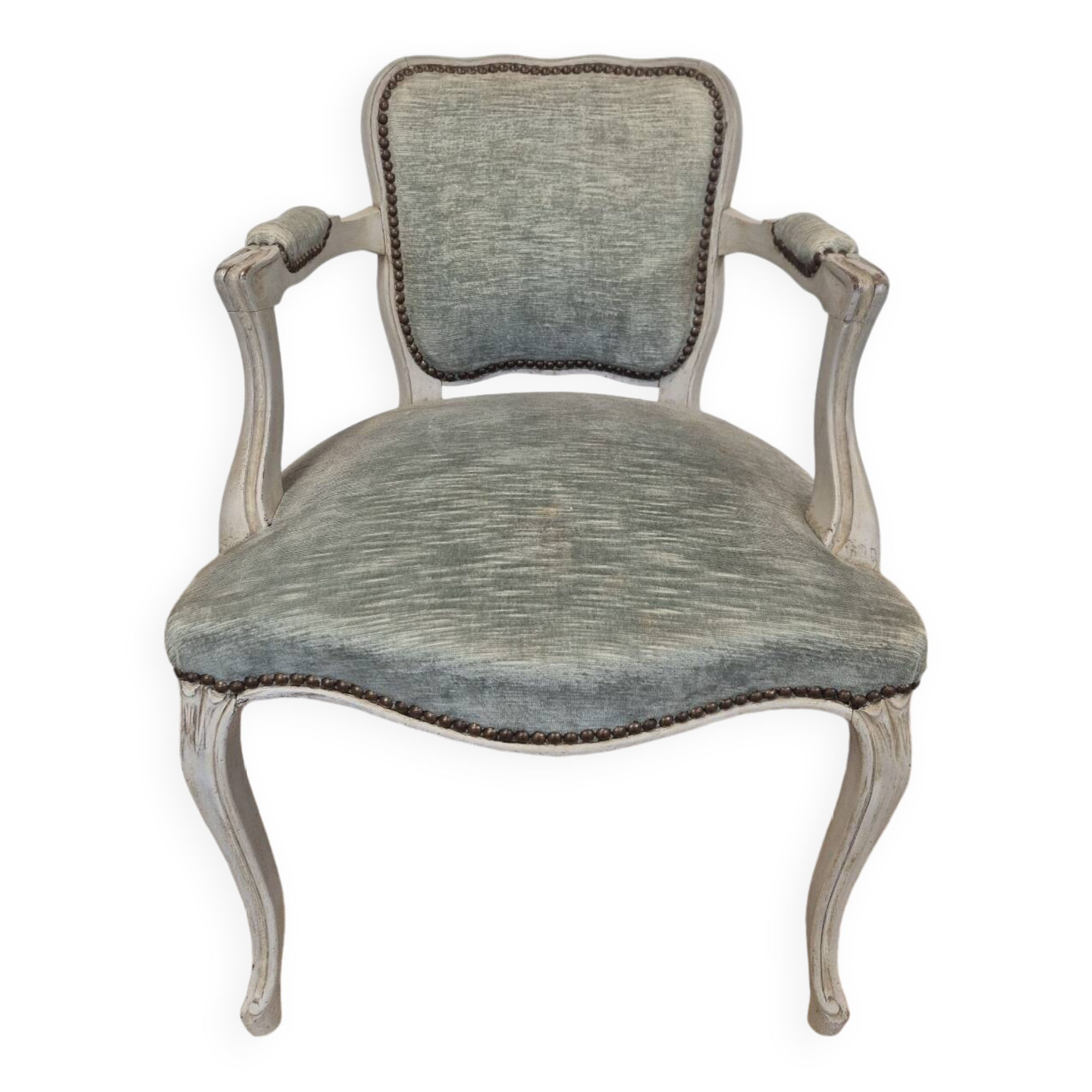 Louis XV style cabriolet armchair in patinated wood and velvet