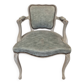 Louis XV style cabriolet armchair in patinated wood and velvet