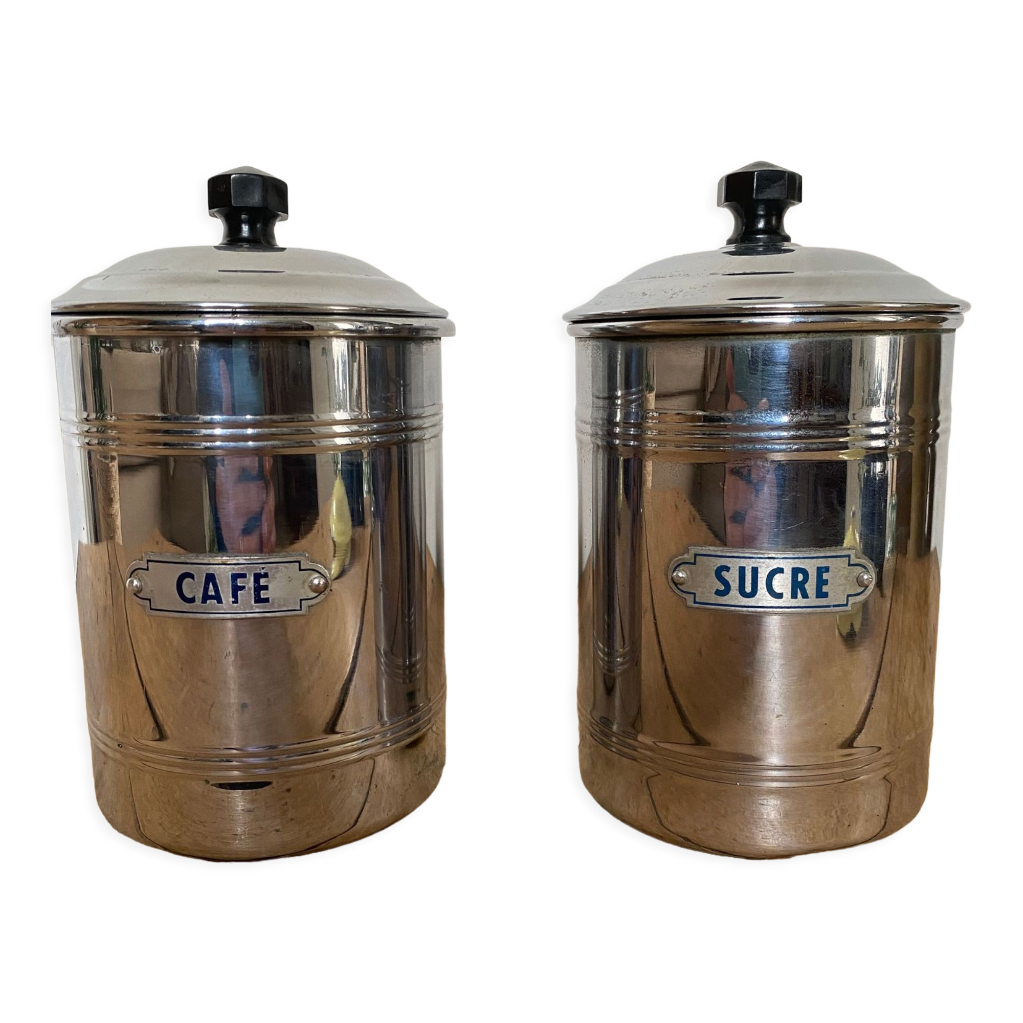 Set of two chrome-plated copper coffee/sugar jars stamped