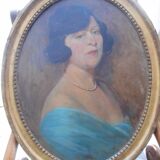 Tableau ancien ovale, portrait femme sur toile, fin 19ème début 20ème