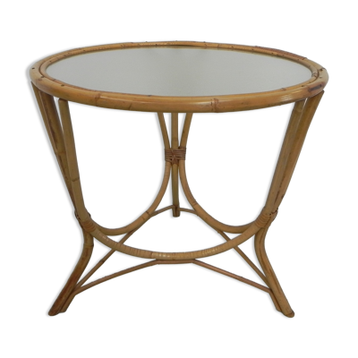 Table basse en bambou avec plateau rond en verre
