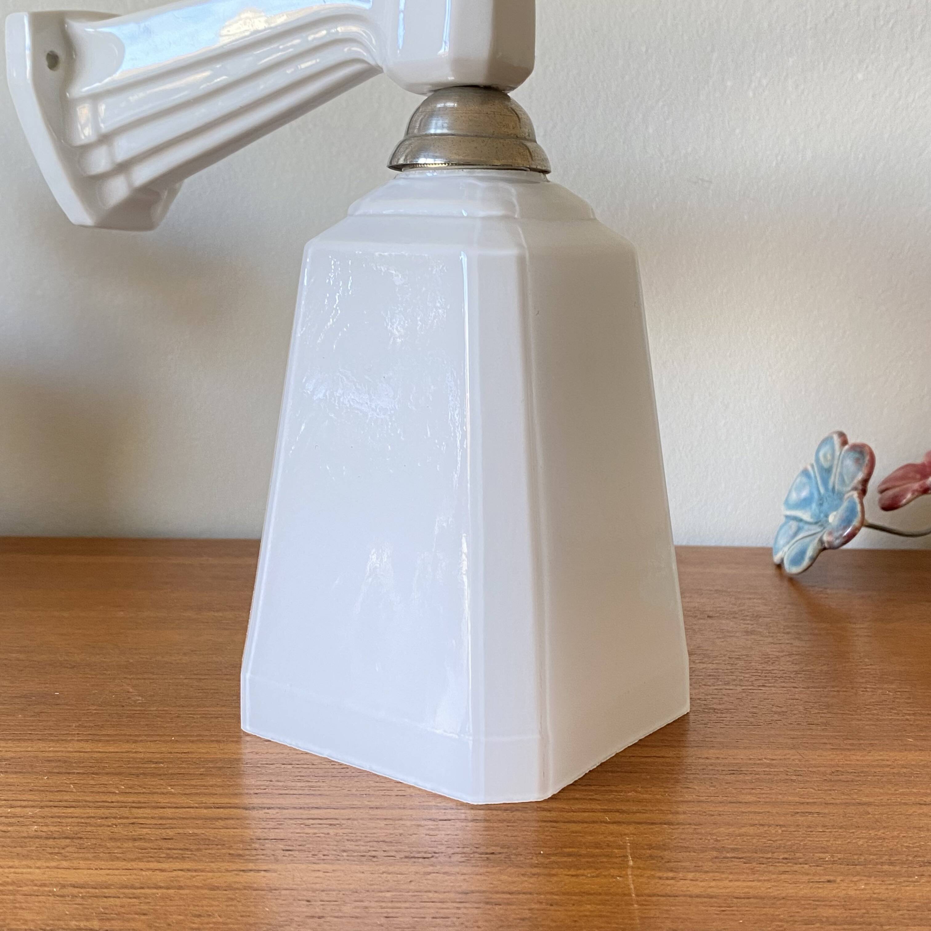 Art Deco ceramic wall sconce with swan neck and opaline glass