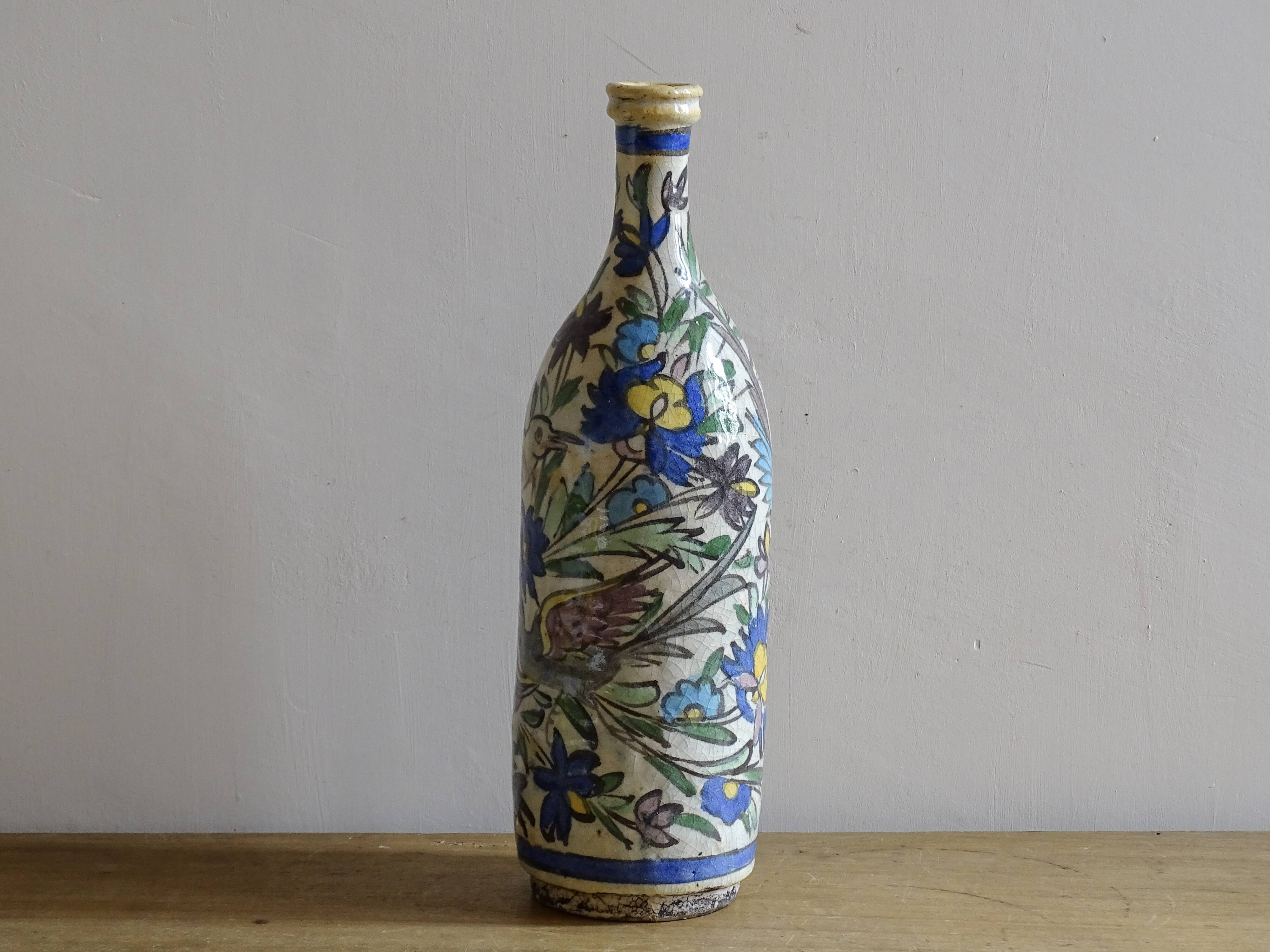 Antique Iznik Style Pottery Bottle with Birds, Ottoman Revival Ceramic Vase