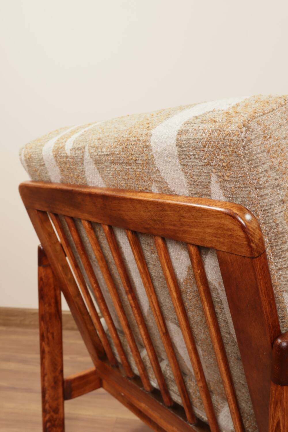 Vintage armchair in safari beige, 1965 mid-century modern design.