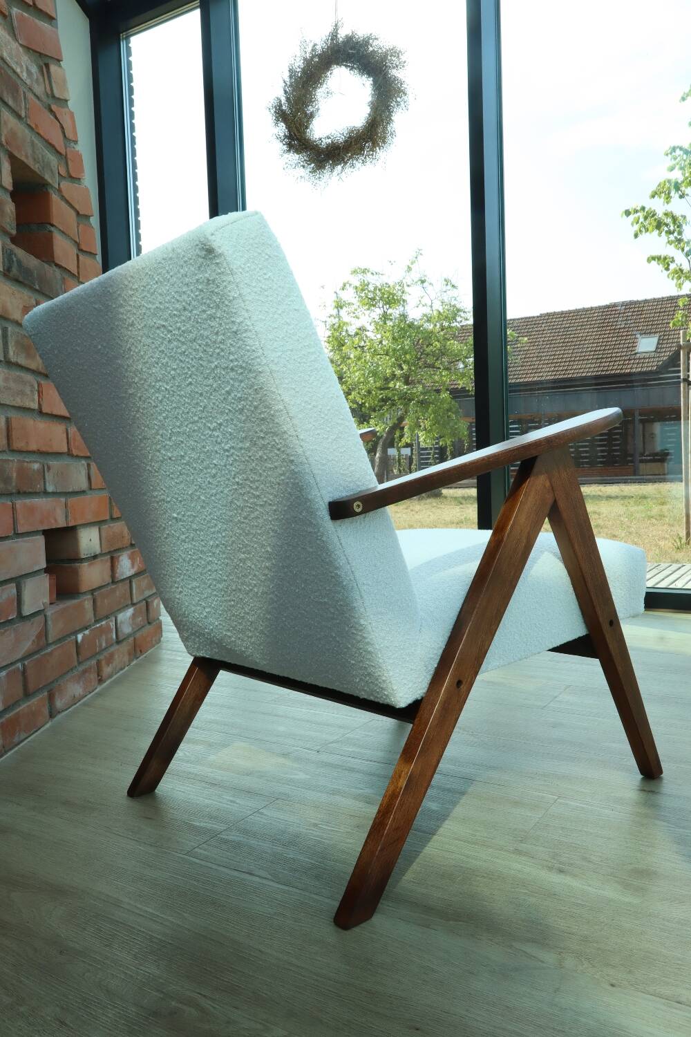 Vintage armchair mid century modern design white boucle dark walnut wood colour 1970 restored chair