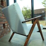 Vintage armchair mid century modern design white boucle dark walnut wood colour 1970 restored chair