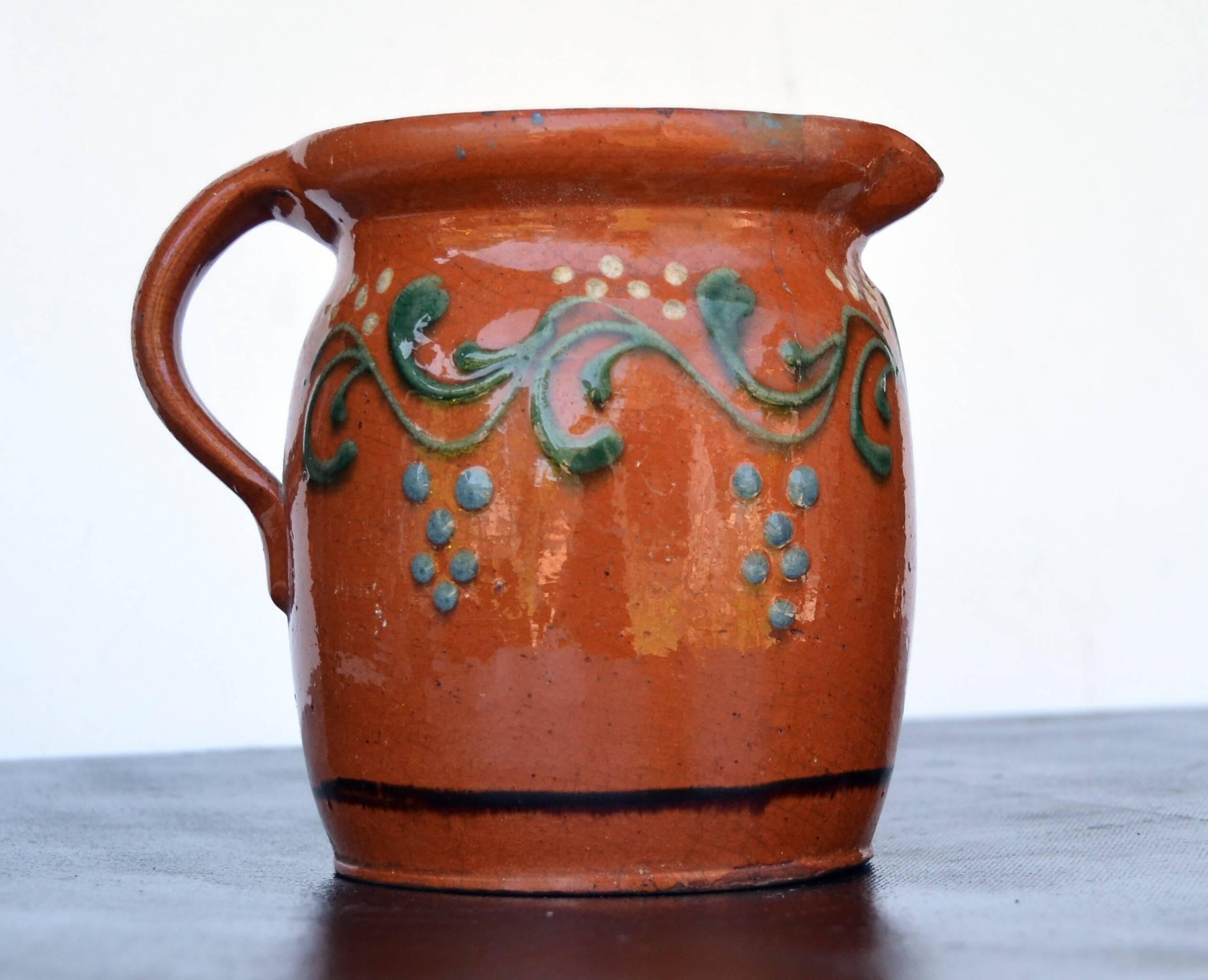 19 th Century French Glazed Terracotta Pitcher Alsace