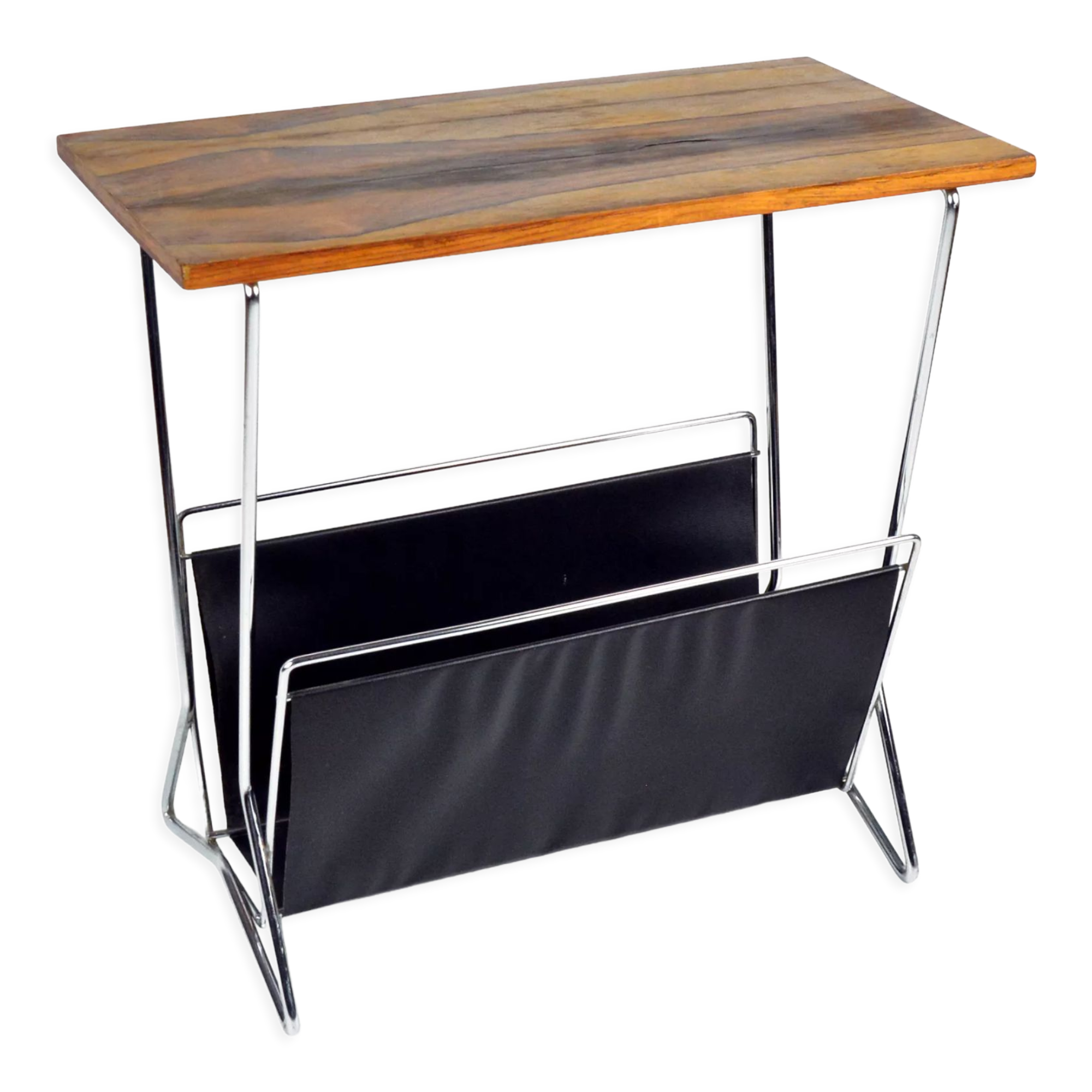 1970s modernist metal newspaper rack with a rosewood top, Sweden