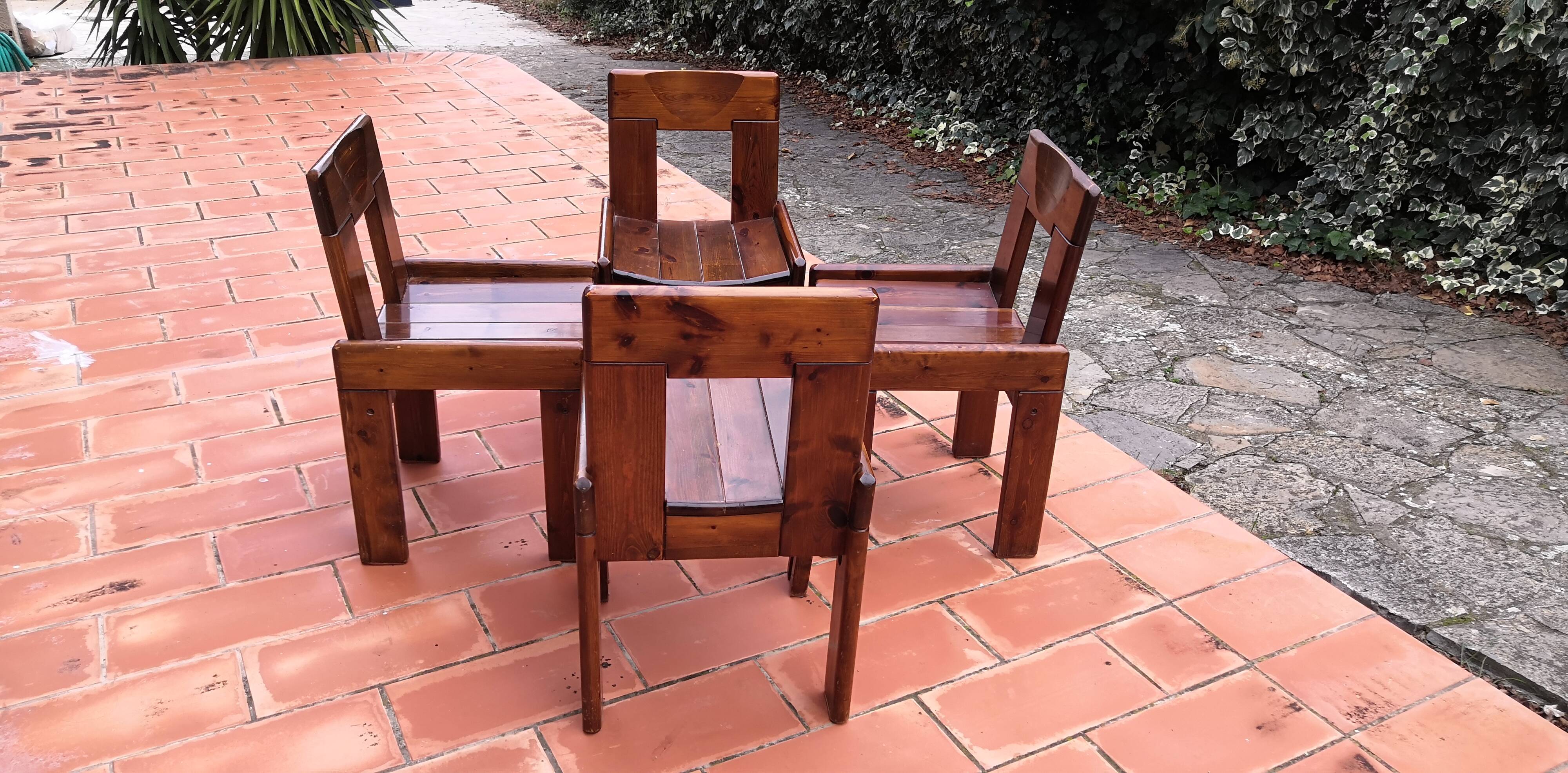Brutalist Solid Pine Chairs Set of 4, 70s