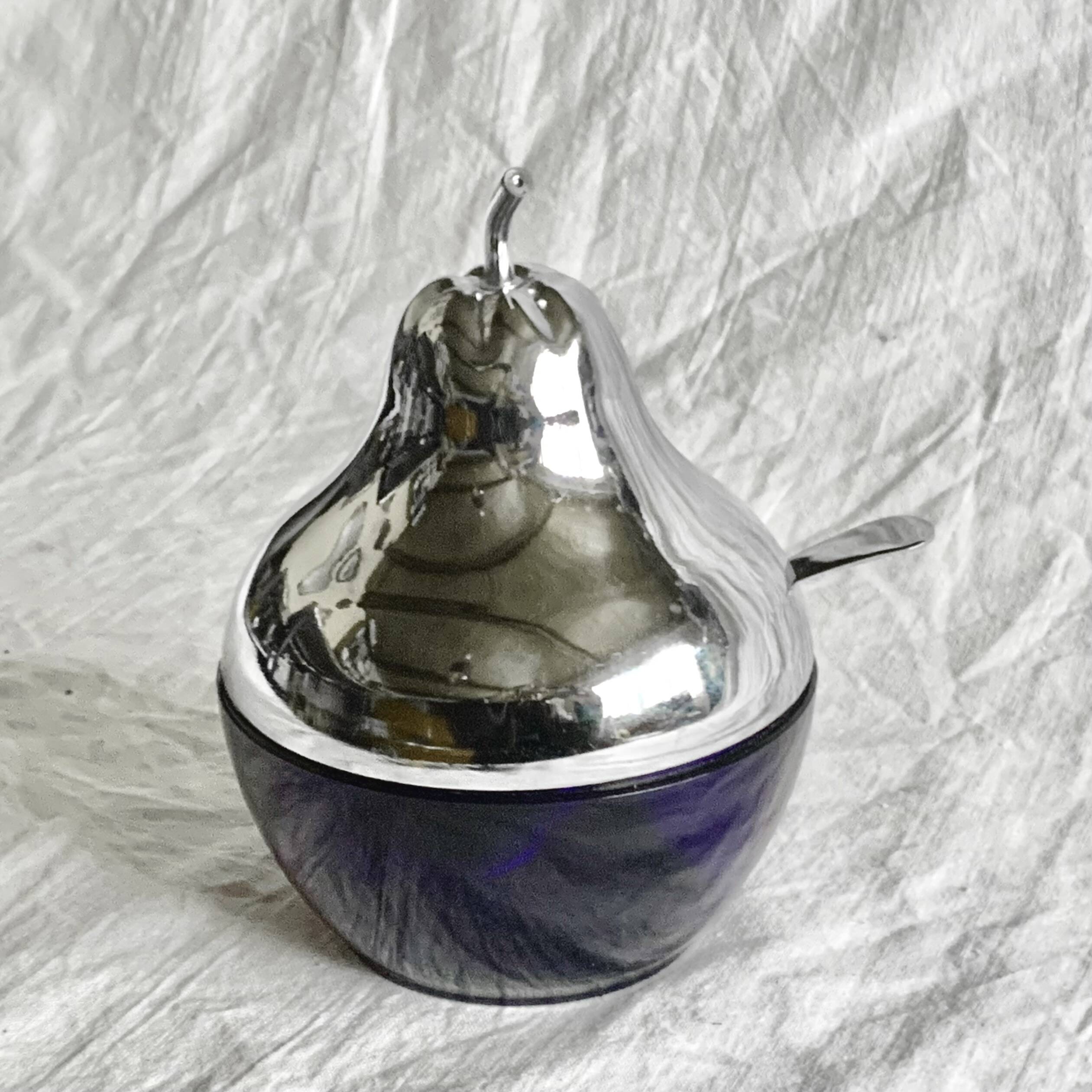 Vintage pear jam and sugar bowl in chromed metal and cobalt blue glass
