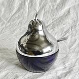 Vintage pear jam and sugar bowl in chromed metal and cobalt blue glass