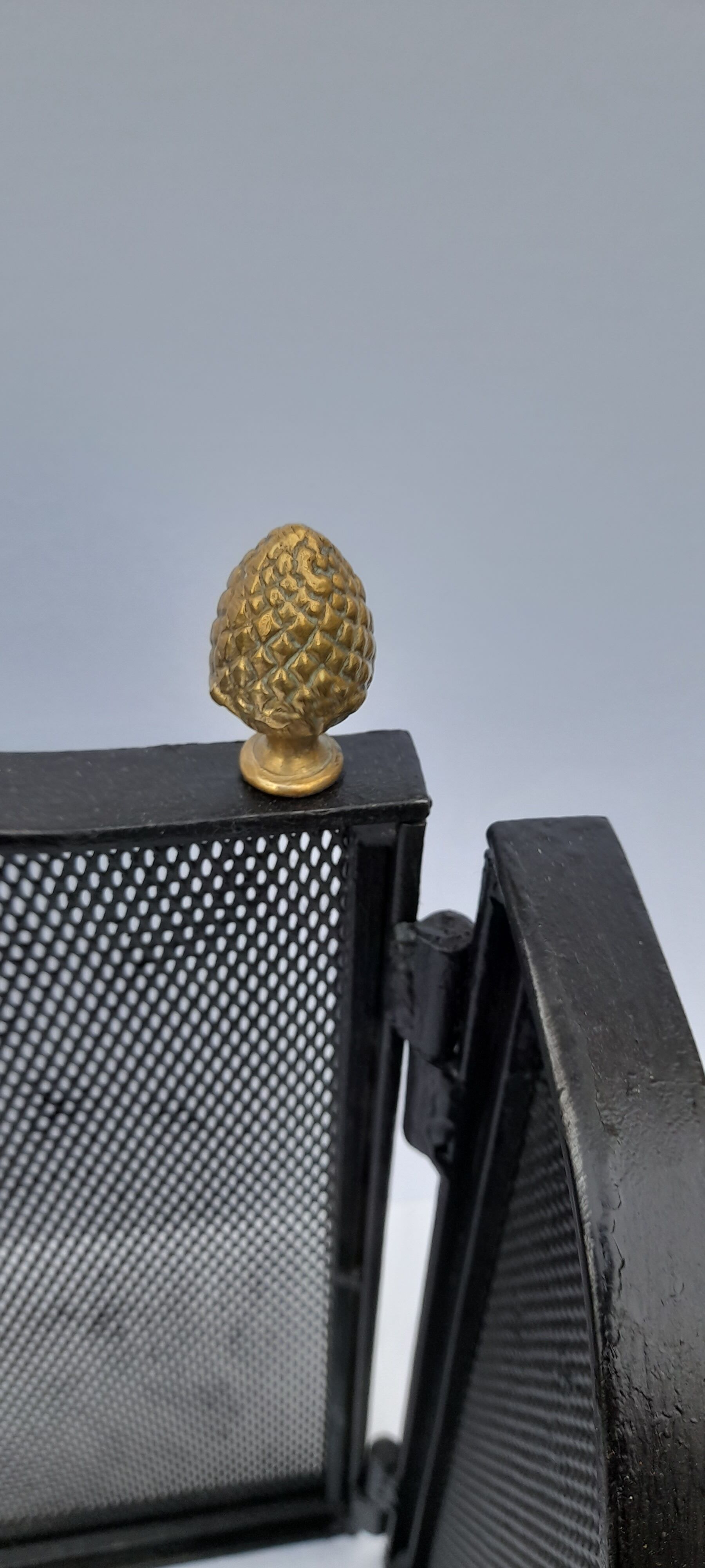 Wrought iron wire fenced fire with brass pine cone