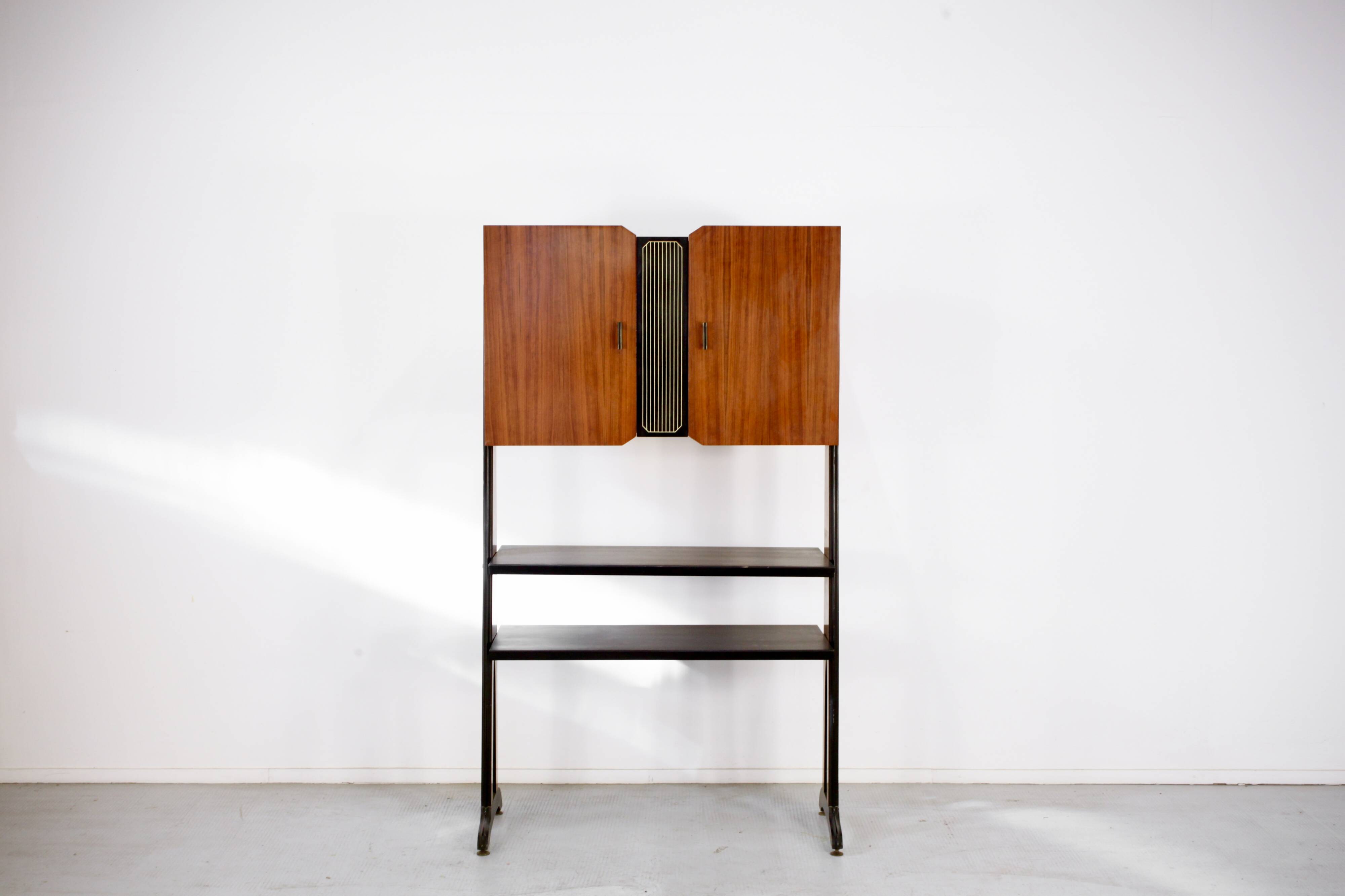 Midcentury Italian Freestanding Modular Bookshelf In Teak And Brass