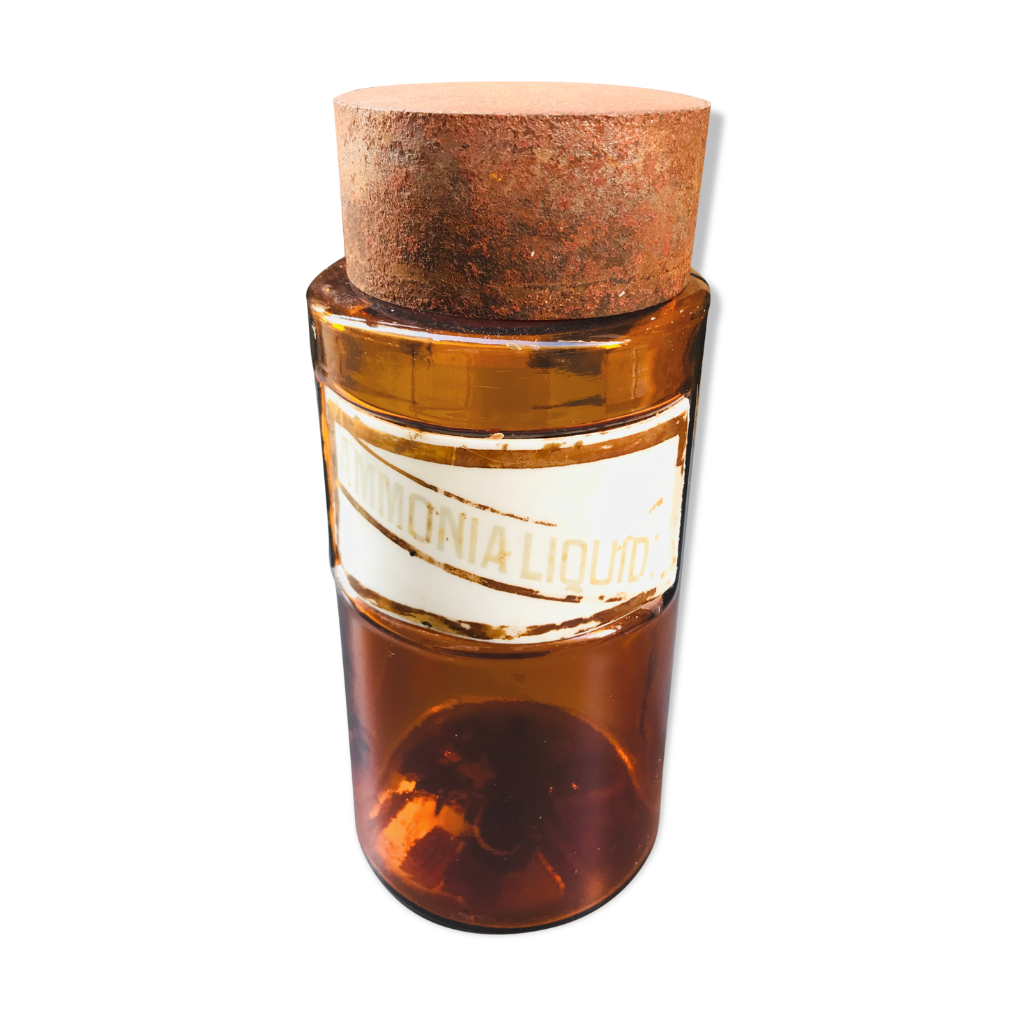 Apothecary pot amber glass 19th AMMONIA porcelain label