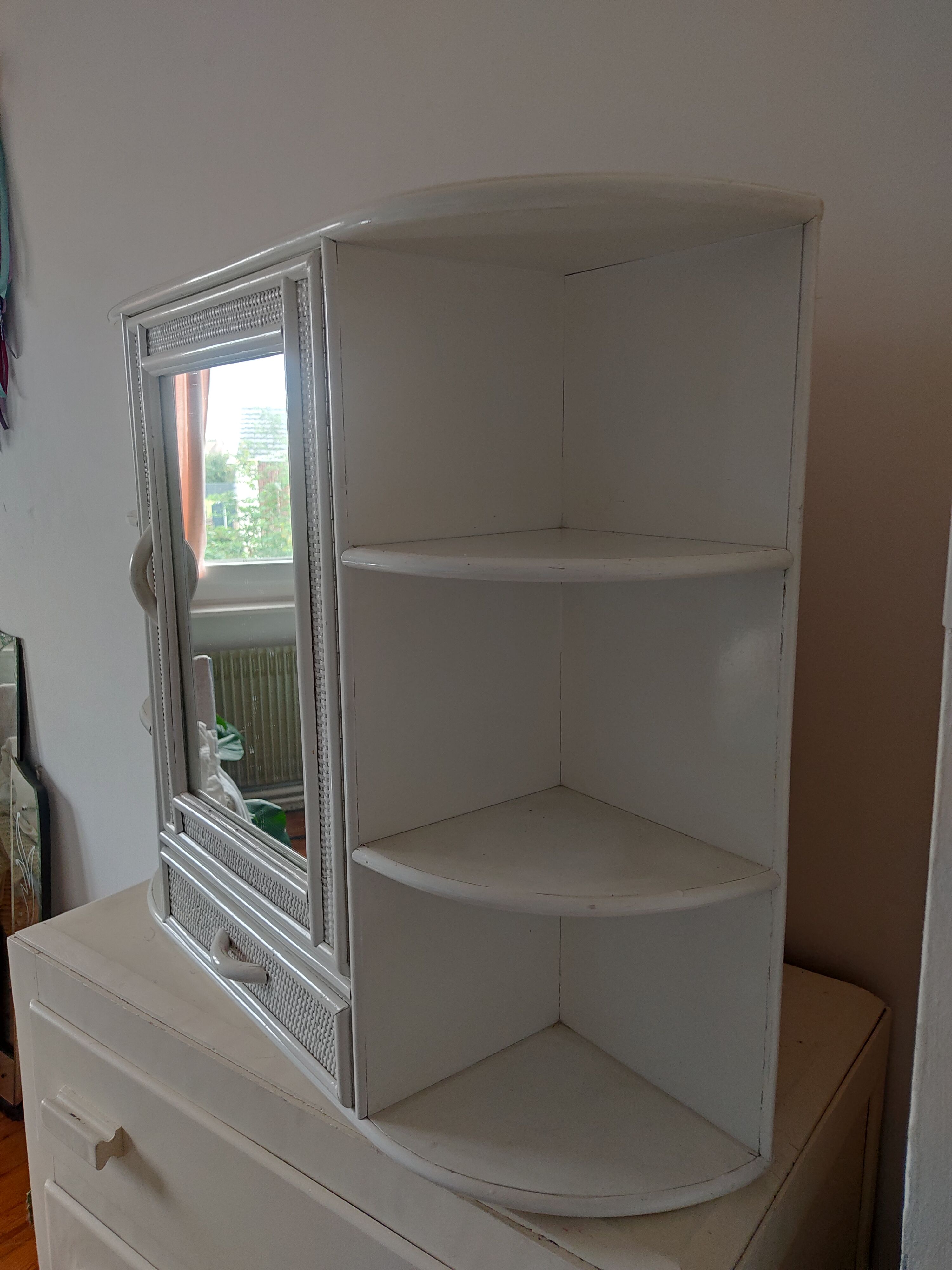 Vintage wooden and wicker shelf