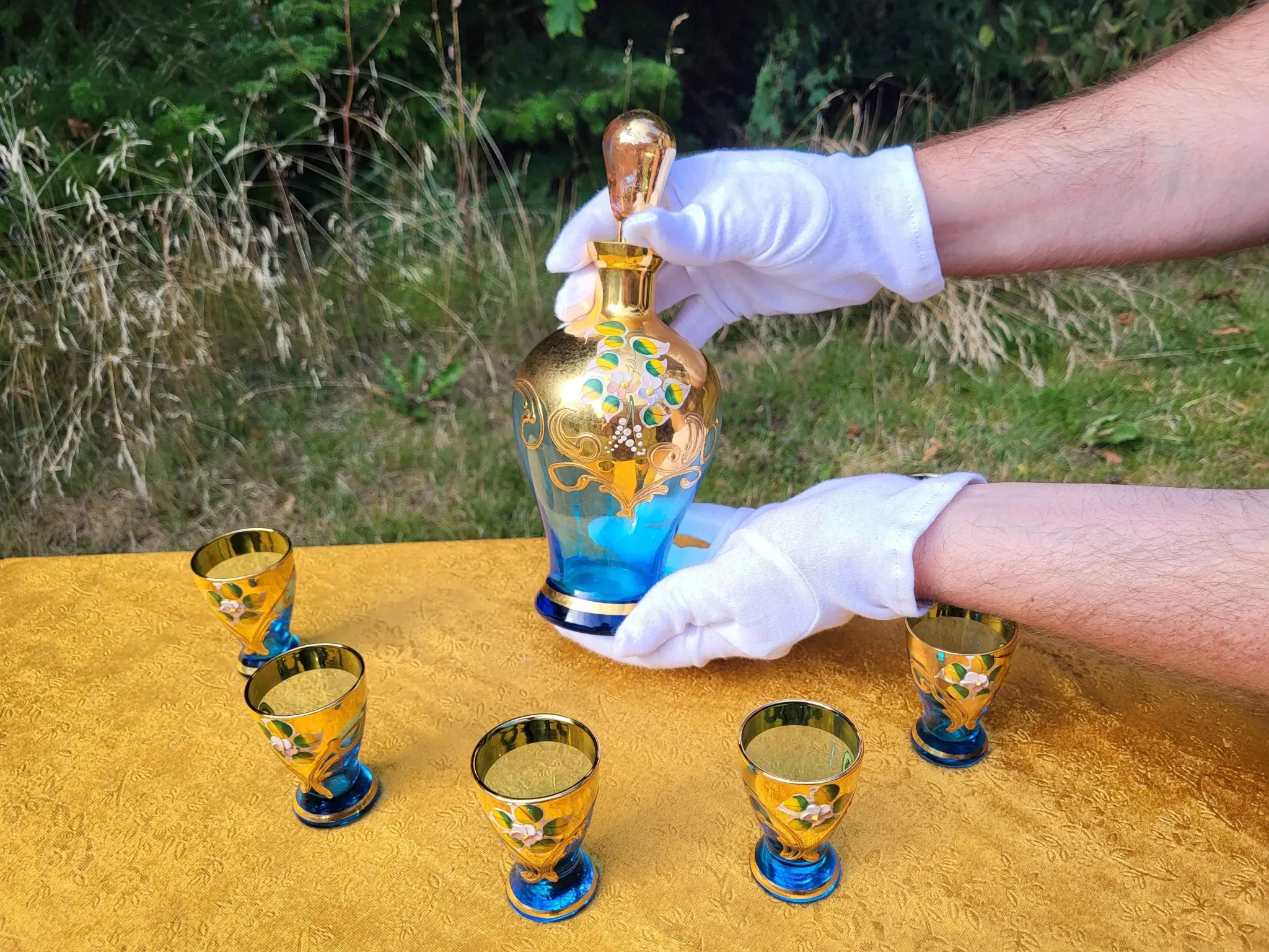 Vintage Murano Handmade Decanter Set - 24K Gold - Light blue 6 piece liquor