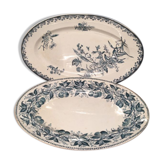 Duo of flat oval bucolic serving plates