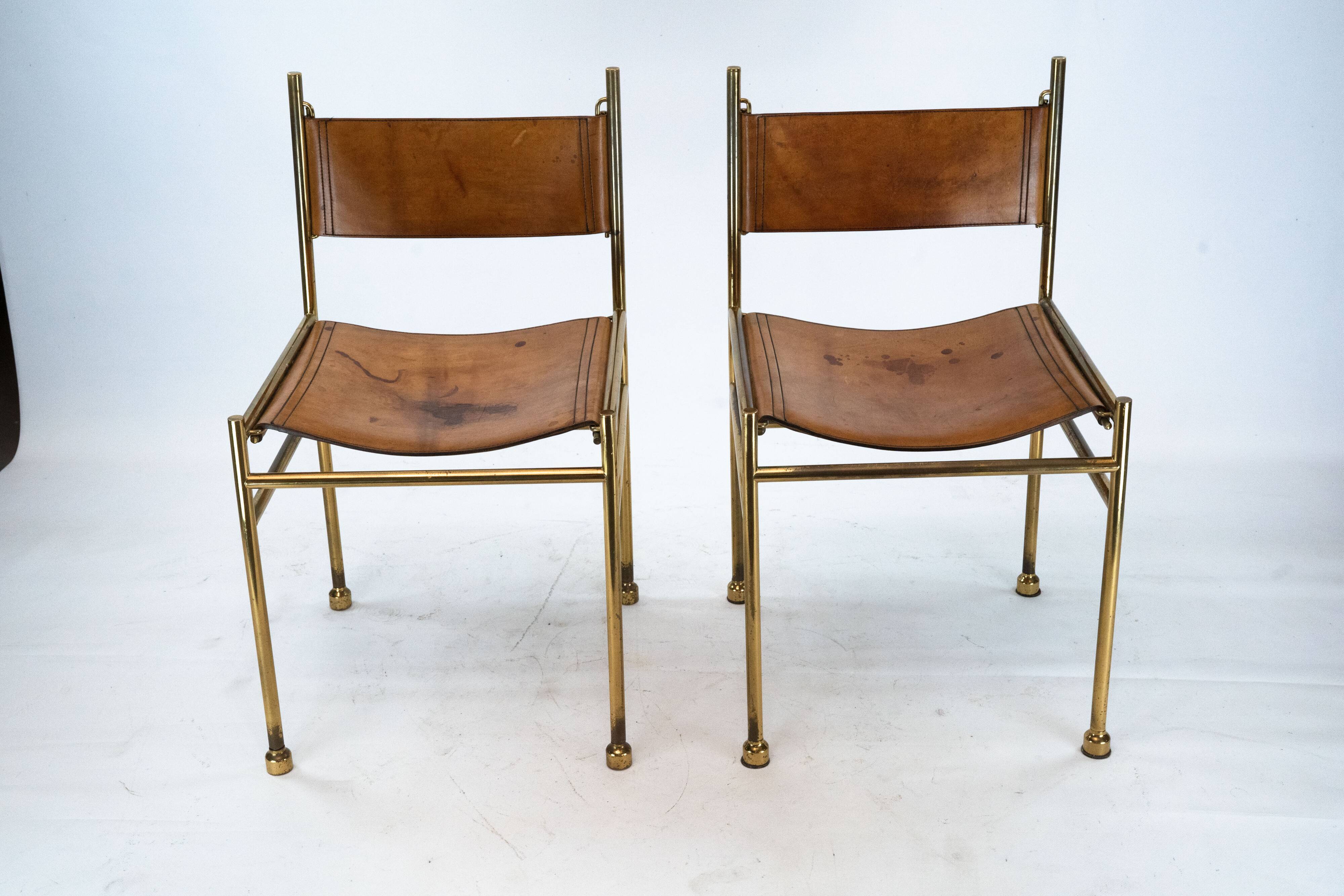 Set of 4 Brass and Leather Chairs by Luciano Frigerio, Italy, 1970s